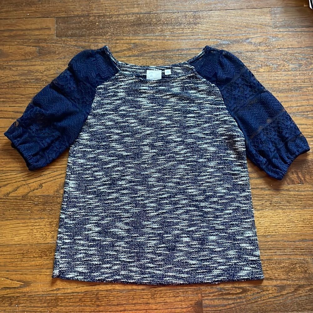 Anthropologie Postage Stamp Navy and White Textured Top with Lace Sleeves